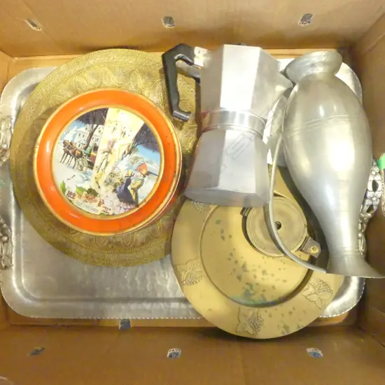 BOX LOT FLOWER FROGS BRASS DISHES ALLUMINIUM PCS ETC