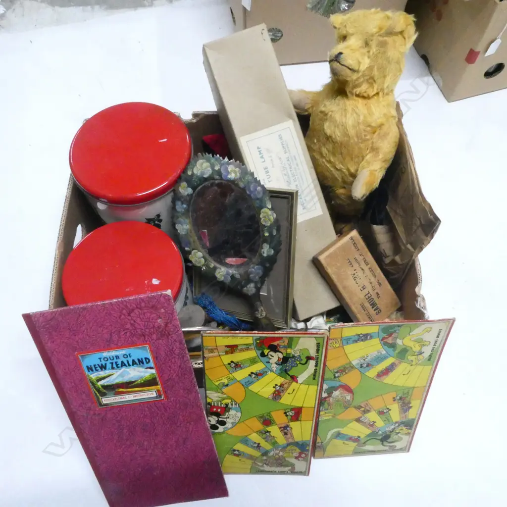 BOX LOT VINTAGE TEDDY BEAR SEWING ITEMS TINS ETC Image 1++