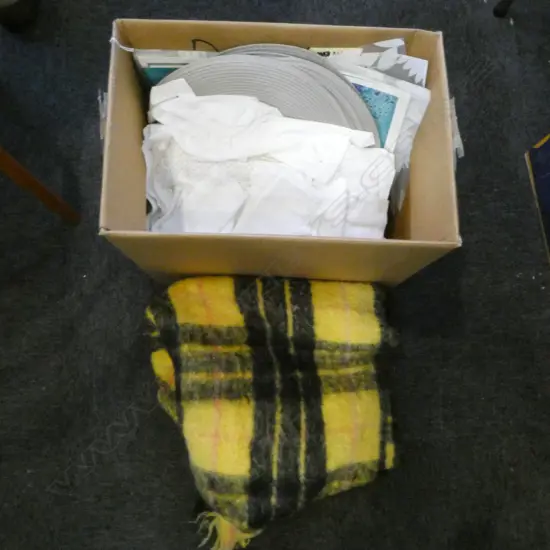 BOX LOT LINEN PLACEMATS & MOHAIR RUG