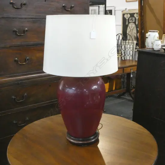 ORIENTAL RED GLAZED LGE OVOID LAMP BASE WITH PLAIN SHADE H.670mm