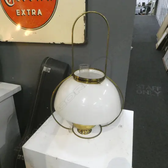 BRASS HANGIMG 'JUNO' USA HANGING KEROSENE LAMP IN FRAME MILK GLASS SHADE H.690mm