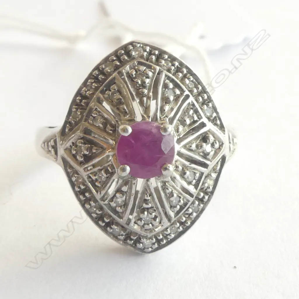 STG SILVER  RED RUBY AND SMALL DIAMOND DRESS RING SIZE P1/2 Image 1++