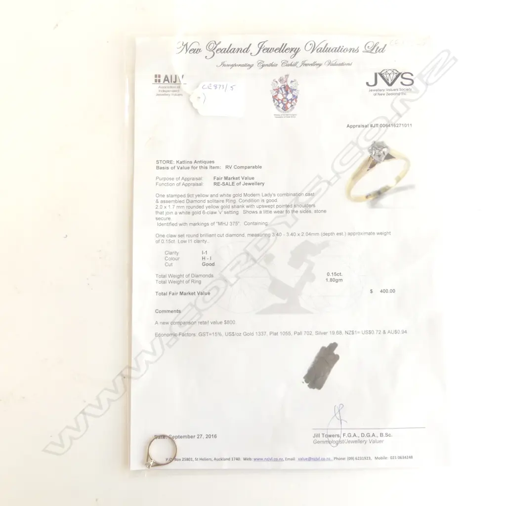 9CT Y/G SOLITARE DIAMOND RING WITH VALUATION 0.15ct  SIZE N Image 1++