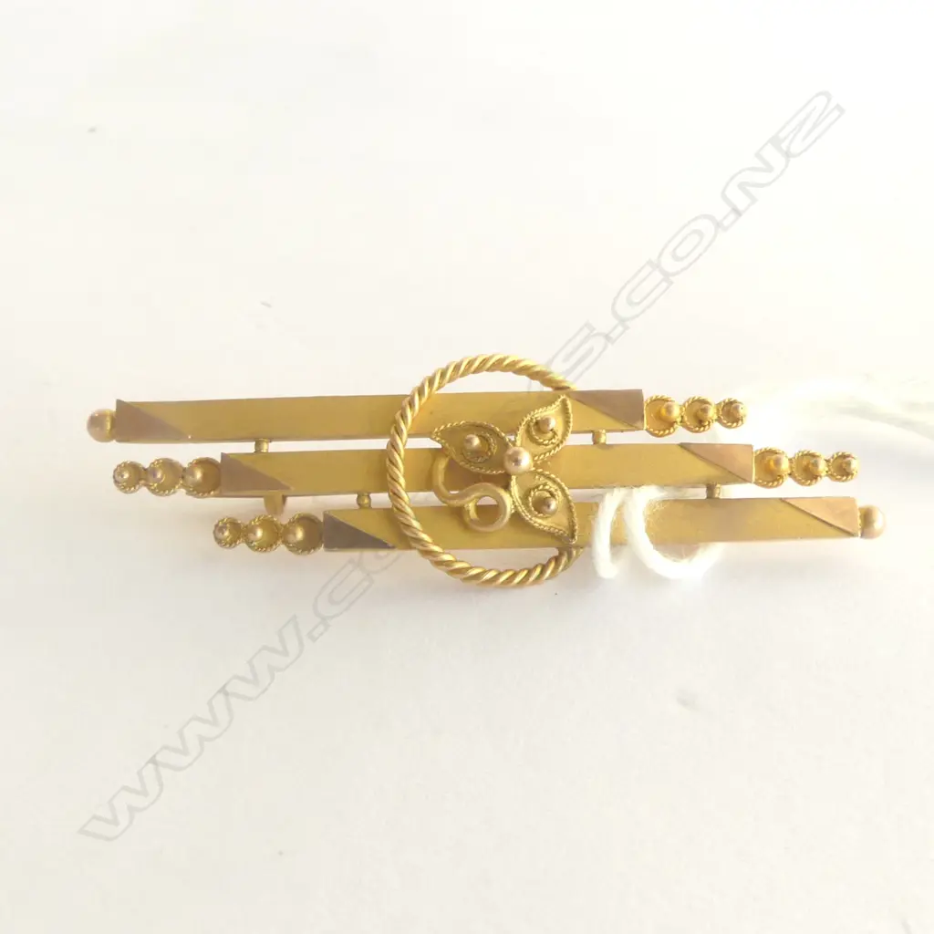 QUALITY c.1900 GILDED 9ct TRIPLE BAR BROOCH with florals & twist 3.33gms Image 1++