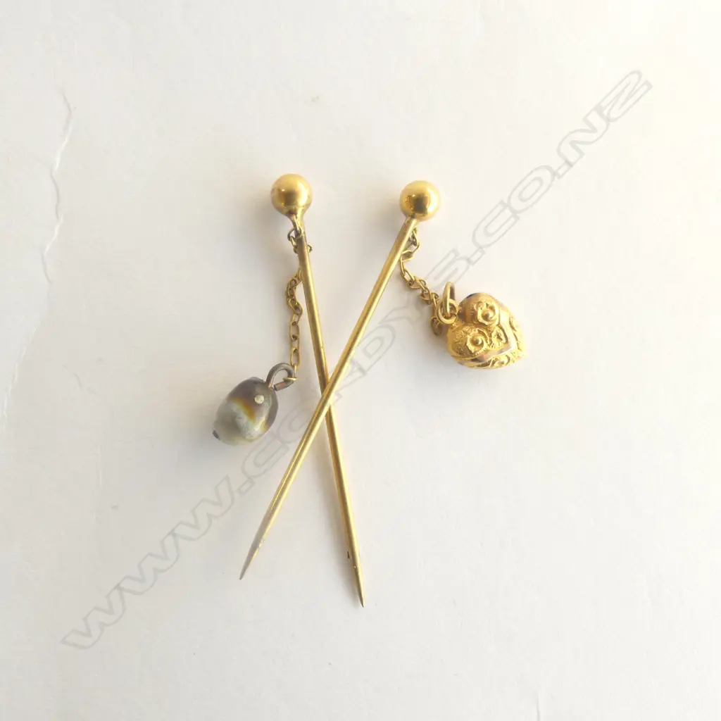 2 c.1900 GOLD STICK PINS with chain drops Image 1++