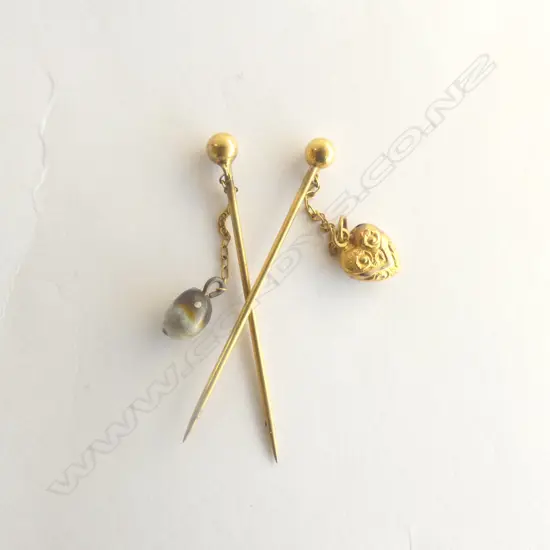 2 c.1900 GOLD STICK PINS with chain drops