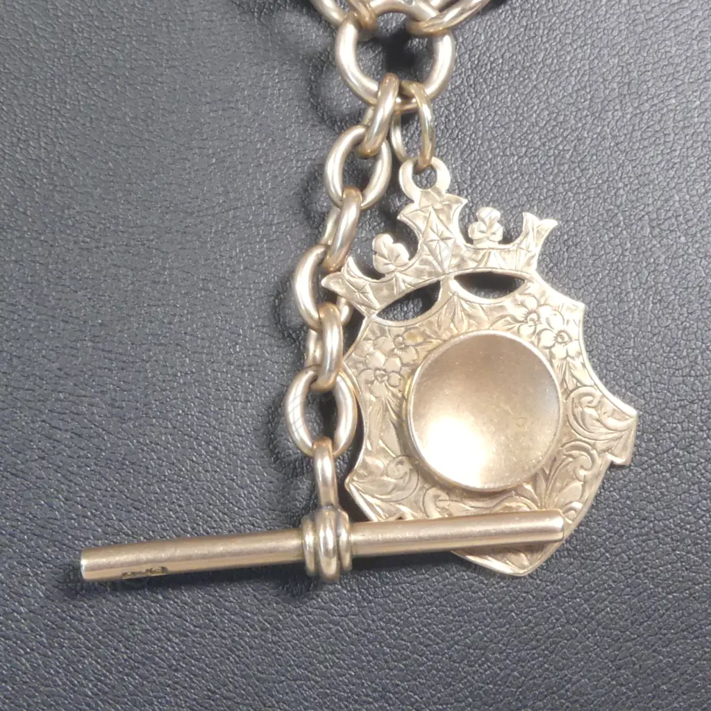 EDWARDIAN 9CT GOLD FOB CHAIN WITH 9CT GOLD SHIELD 39gm (gold plate dog clip) Image 1++