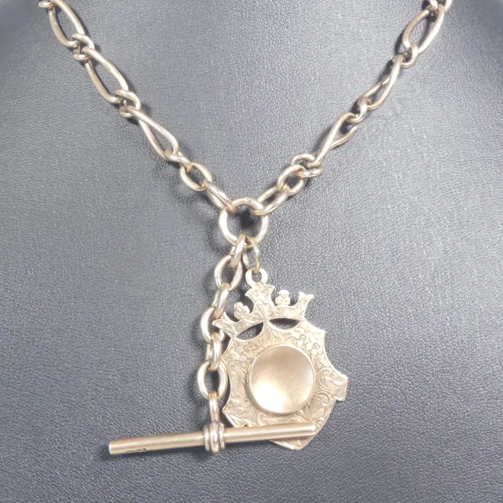 EDWARDIAN 9CT GOLD FOB CHAIN WITH 9CT GOLD SHIELD 39gm (gold plate dog clip) Image 1++