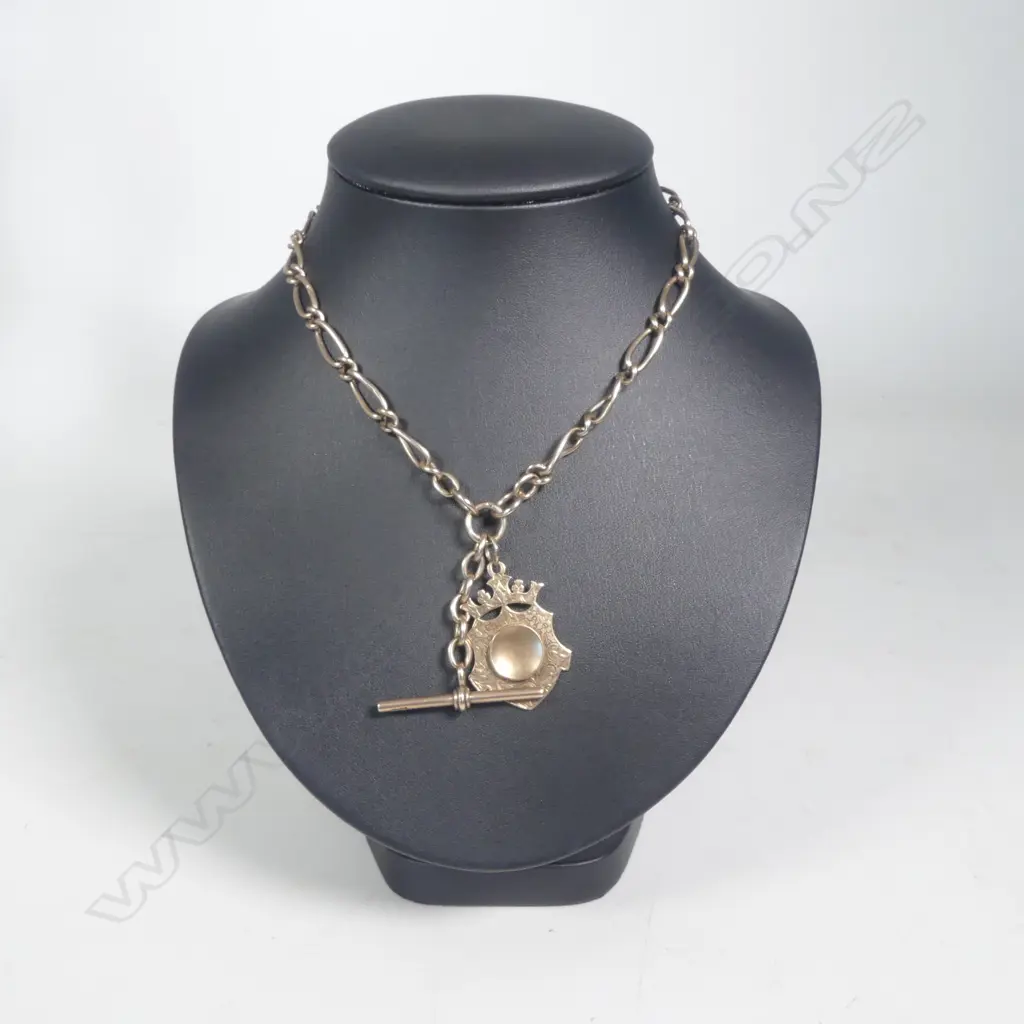 EDWARDIAN 9CT GOLD FOB CHAIN WITH 9CT GOLD SHIELD 39gm (gold plate dog clip) Image 1++