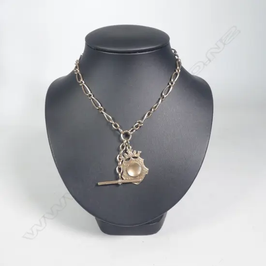 EDWARDIAN 9CT GOLD FOB CHAIN WITH 9CT GOLD SHIELD 39gm (gold plate dog clip)