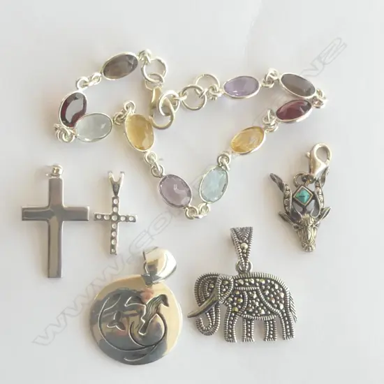 5 SILVER PENDANTS & SILVER & GEM STONE BRACELET, new