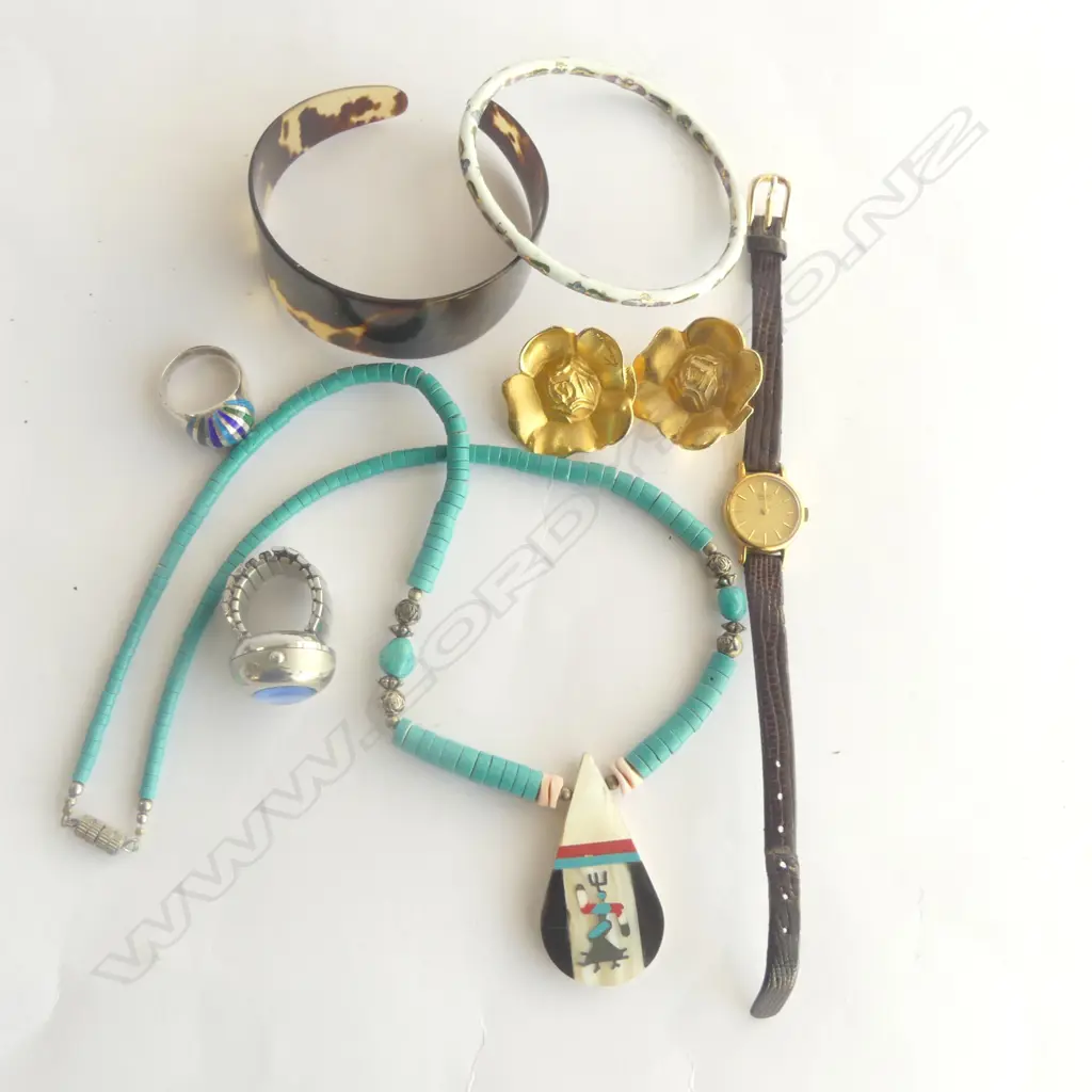 ASST. JEWELLERY INCLD; LADIES SIEKO WATCH, TORTOISESHELL BRACELET, KENZO EARRINGS & NATIVE AMERICAN SILVER RING/NECKLACE Image 1++