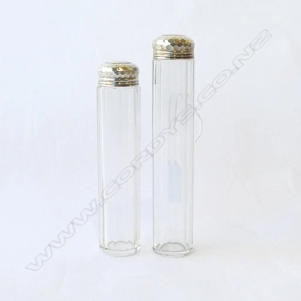 PAIR ANTIQUE STG SILVER & FACET CUT HAT PIN JARS BIRMINGHAM 1898, H.160MM-180MM Image 1++