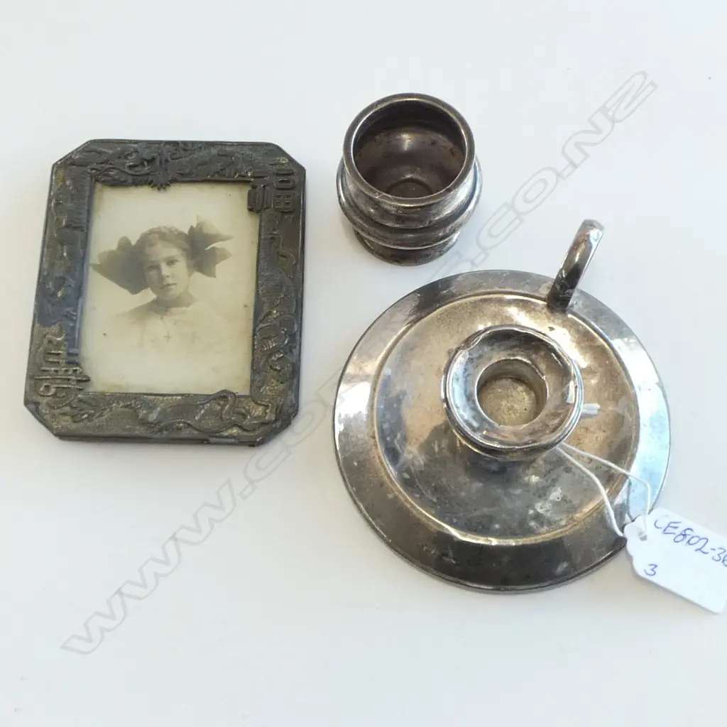 SILVER CHAMBER STICK + SILVER SMALL POT + S/PLATE CHINESE FRAME. ALL WITH FAULTS Image 1++