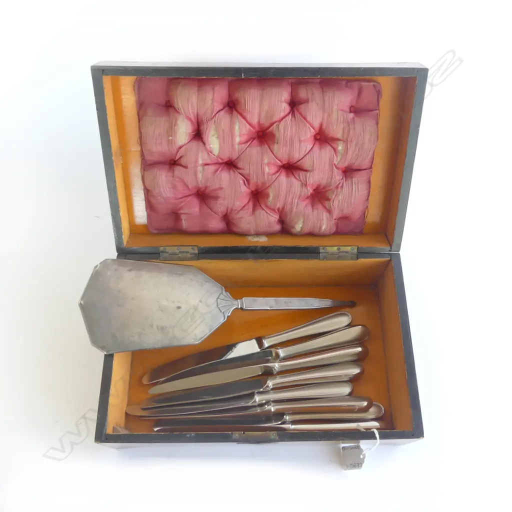 VINTAGE INLAID BOX, STG SILVER VANITY MIRROR + 8 CHRISTOFLE KNIVES Image 1++