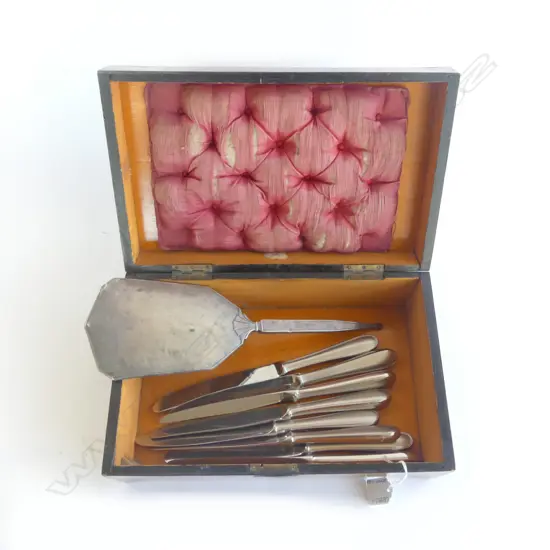 VINTAGE INLAID BOX, STG SILVER VANITY MIRROR + 8 CHRISTOFLE KNIVES