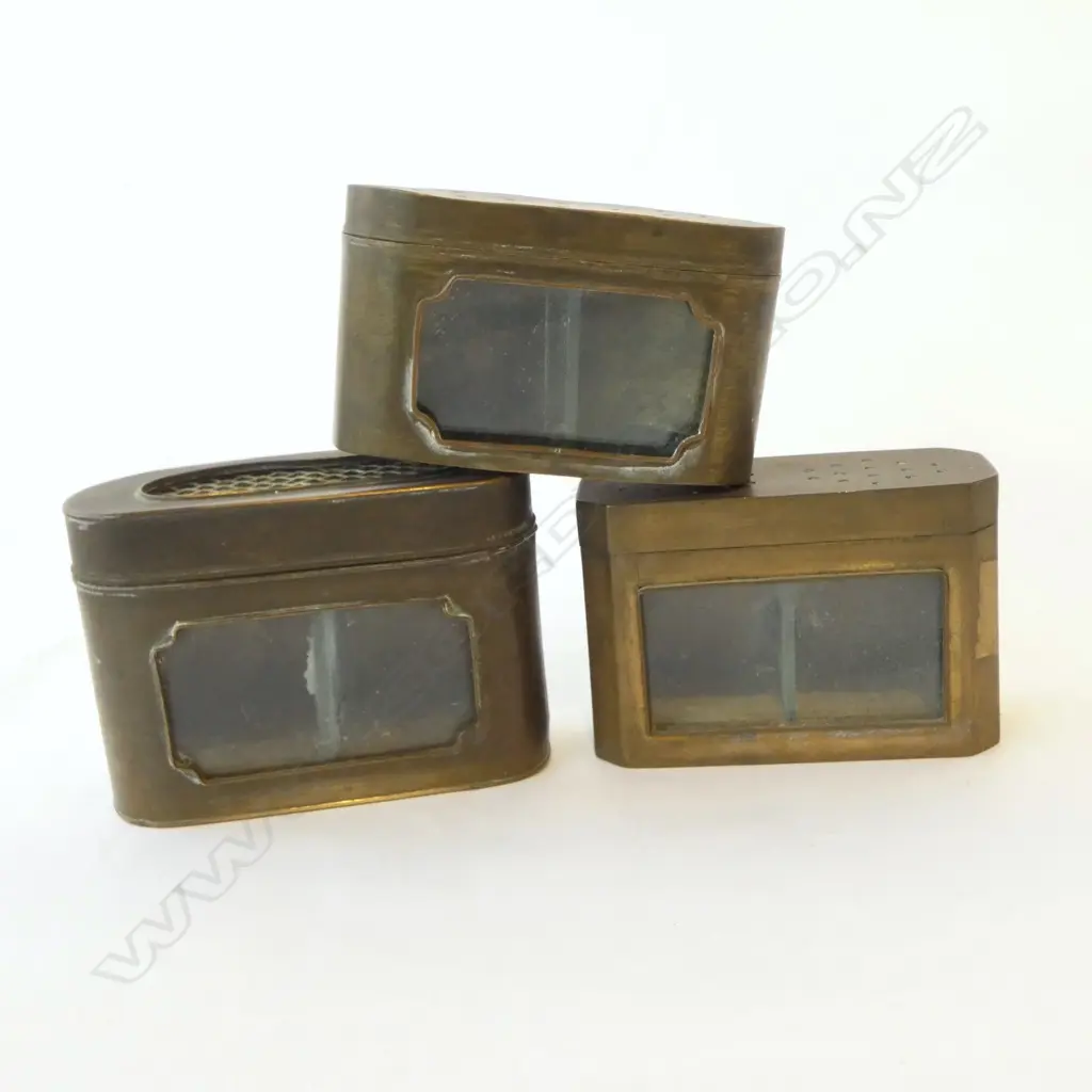 THREE VINTAGE BRASS CRICKET CONTAINERS  Image 1++