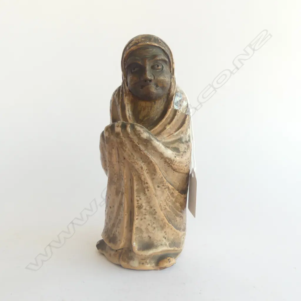 OLD JAPANESE FIGURED POTTERY VASE the aperture behind the raised hands, Signed base. H.170mm small glaze chip  Image 1++