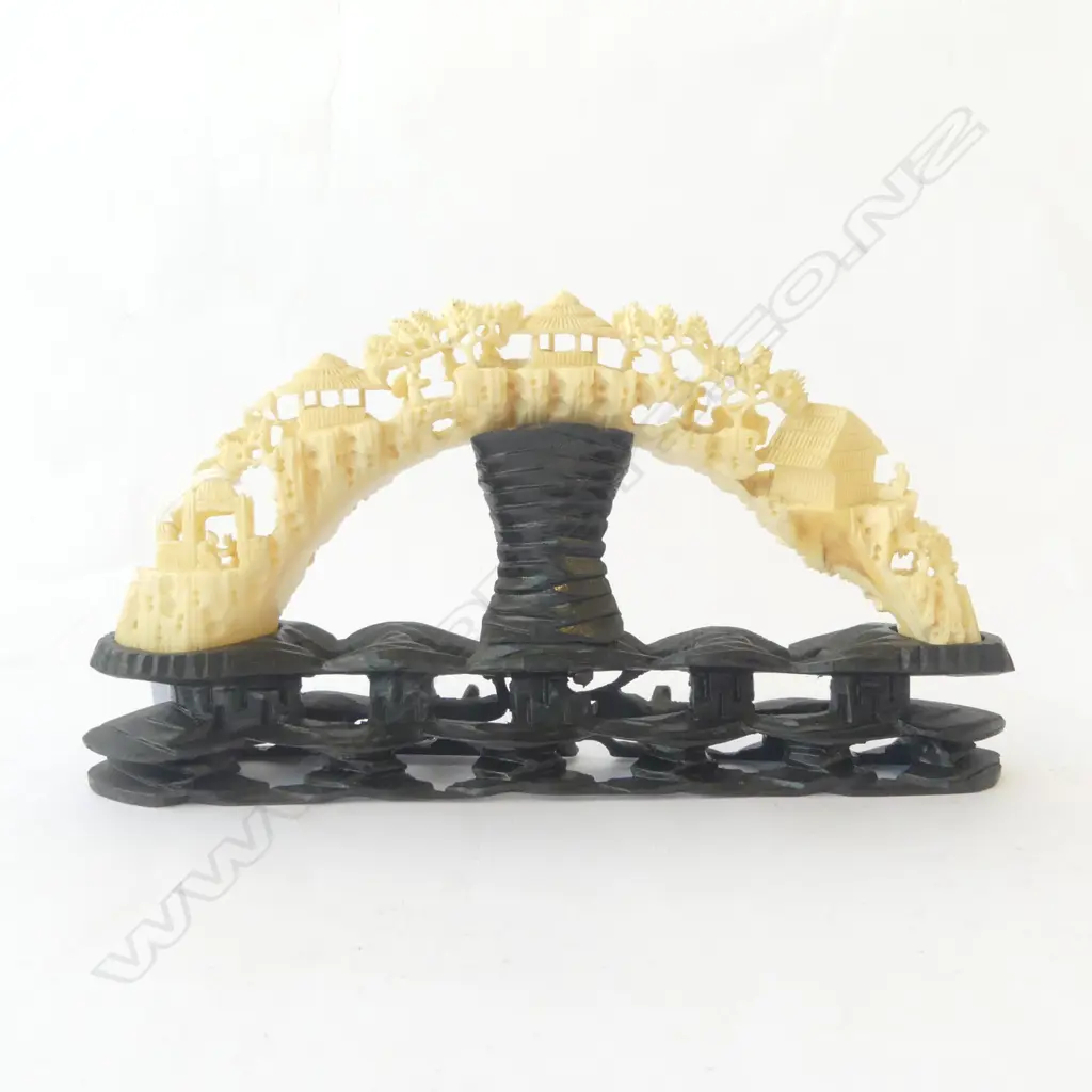 CHINESE CARVED IVORY TUSK ON STAND H.120 W.230mm Image 1++