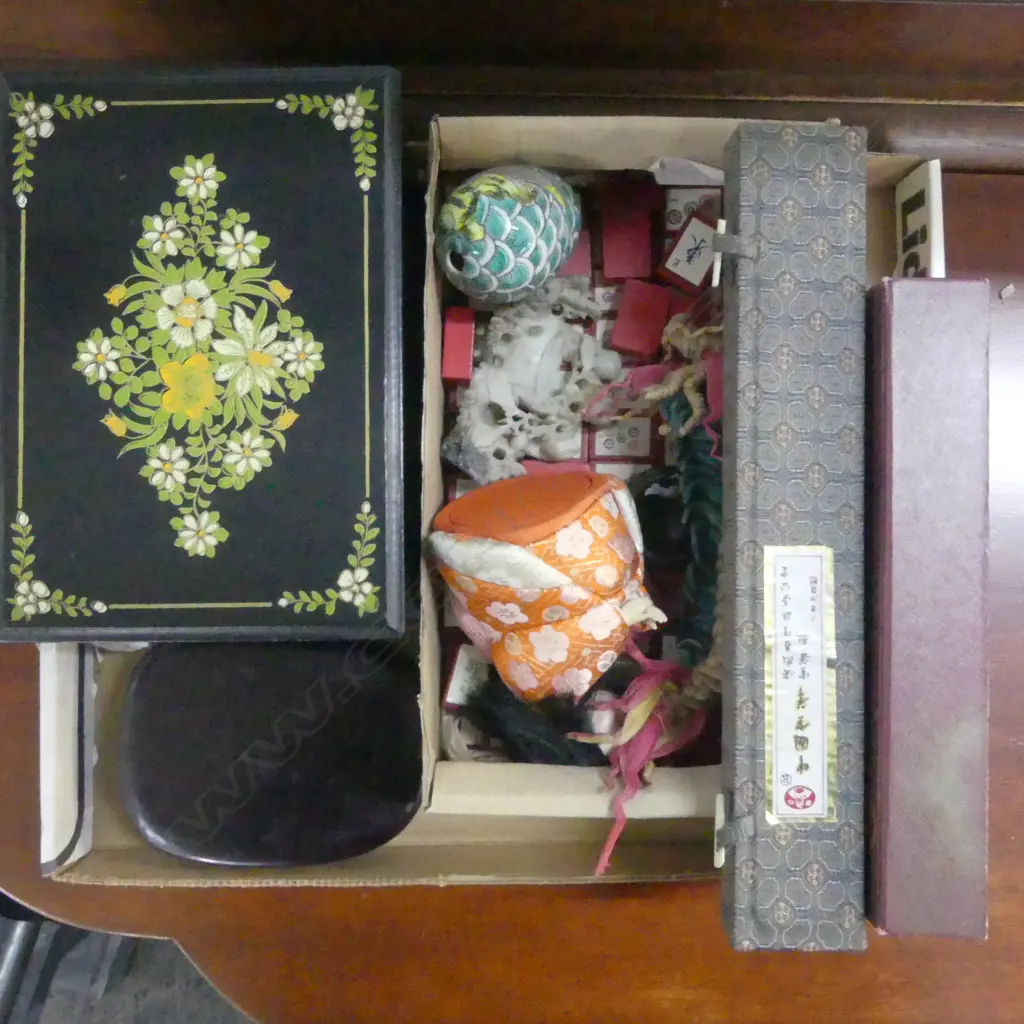 ASST. ORIENTAL ITEMS INCL; CALLIGRAPHY INK STONE & BRUSHES & JEWELLERY BOX Image 1++