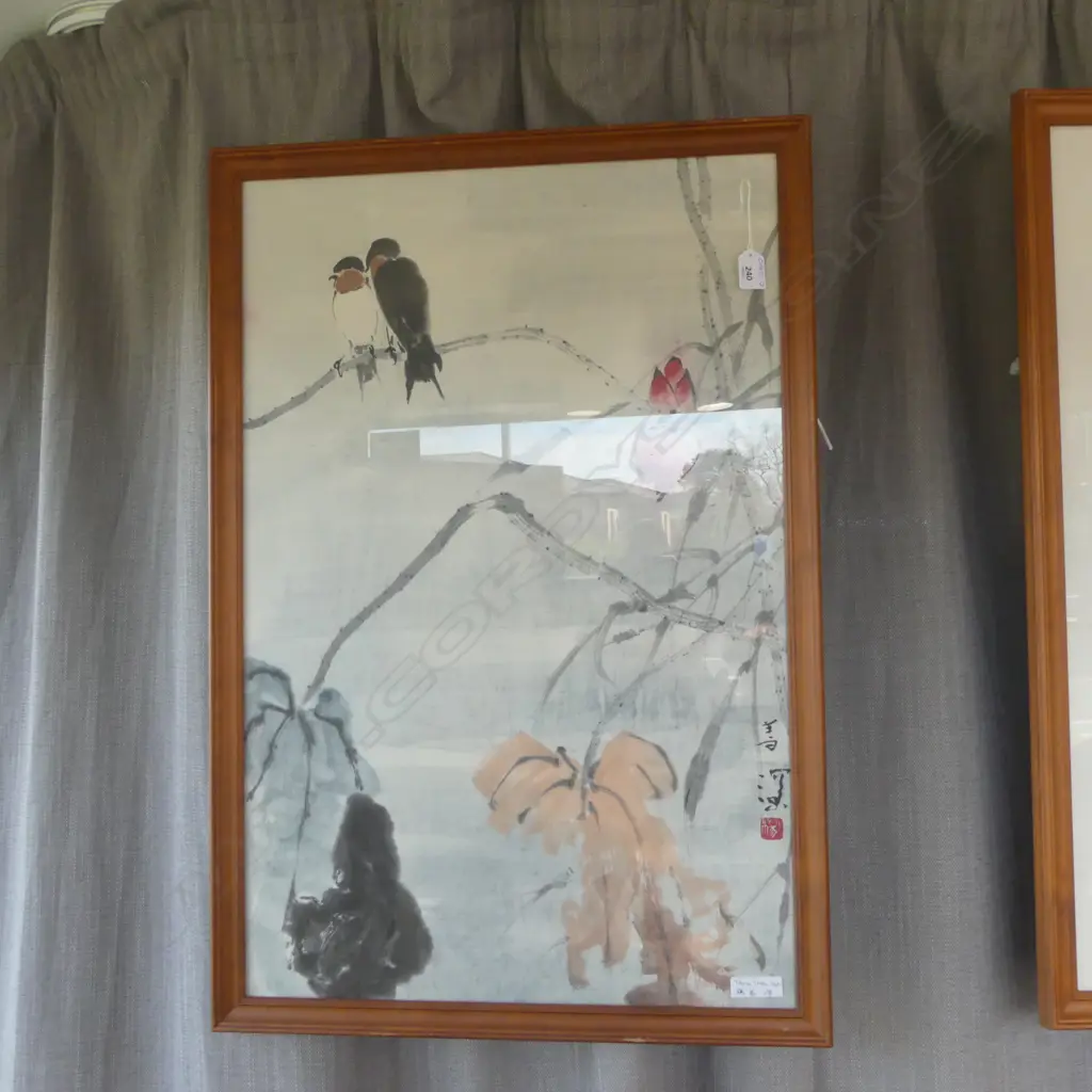 YANG SHAN SUM CHINESE W/C & INK PR swallows & Florals w calligraphy 750 x 490mm Image 1++