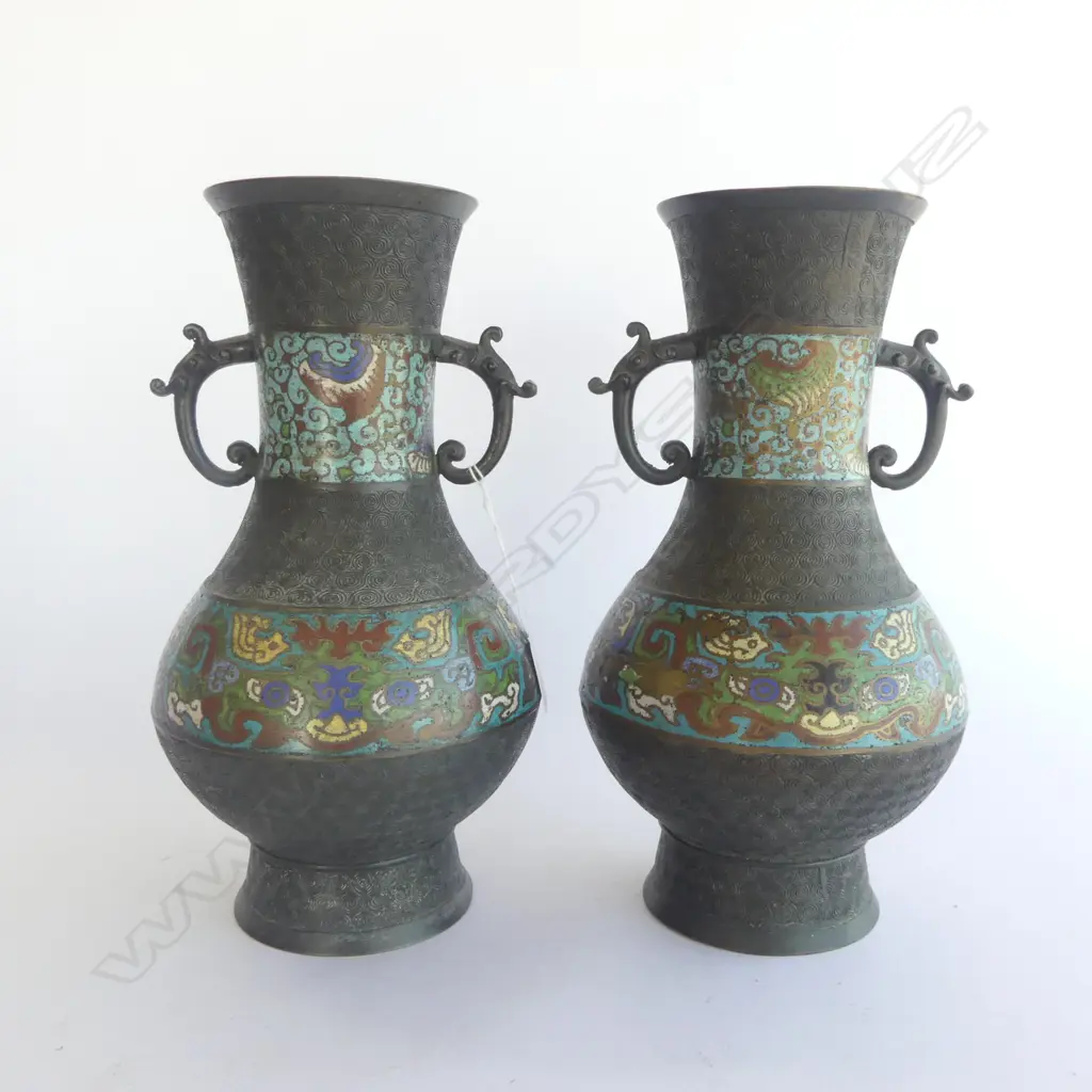 PR ANTIQUE ORIENTAL CHAMPLEVE ENAMEL DOUBLE HANDLED BALUSTER VASES, 300mm Image 1++