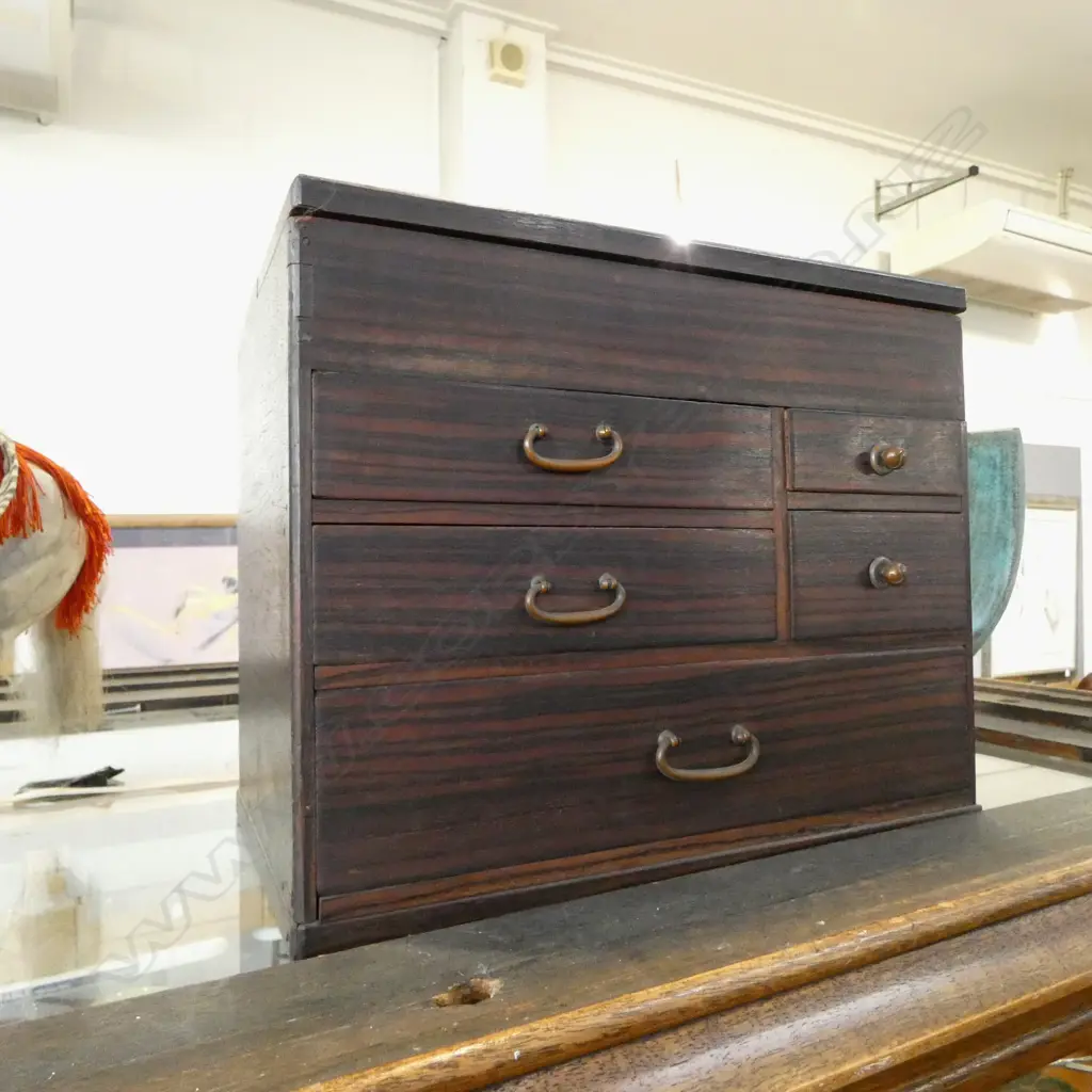vintage Japanese collector's scholars box hinged lid above 5 drawers copper handles W.320mm. Image 1++