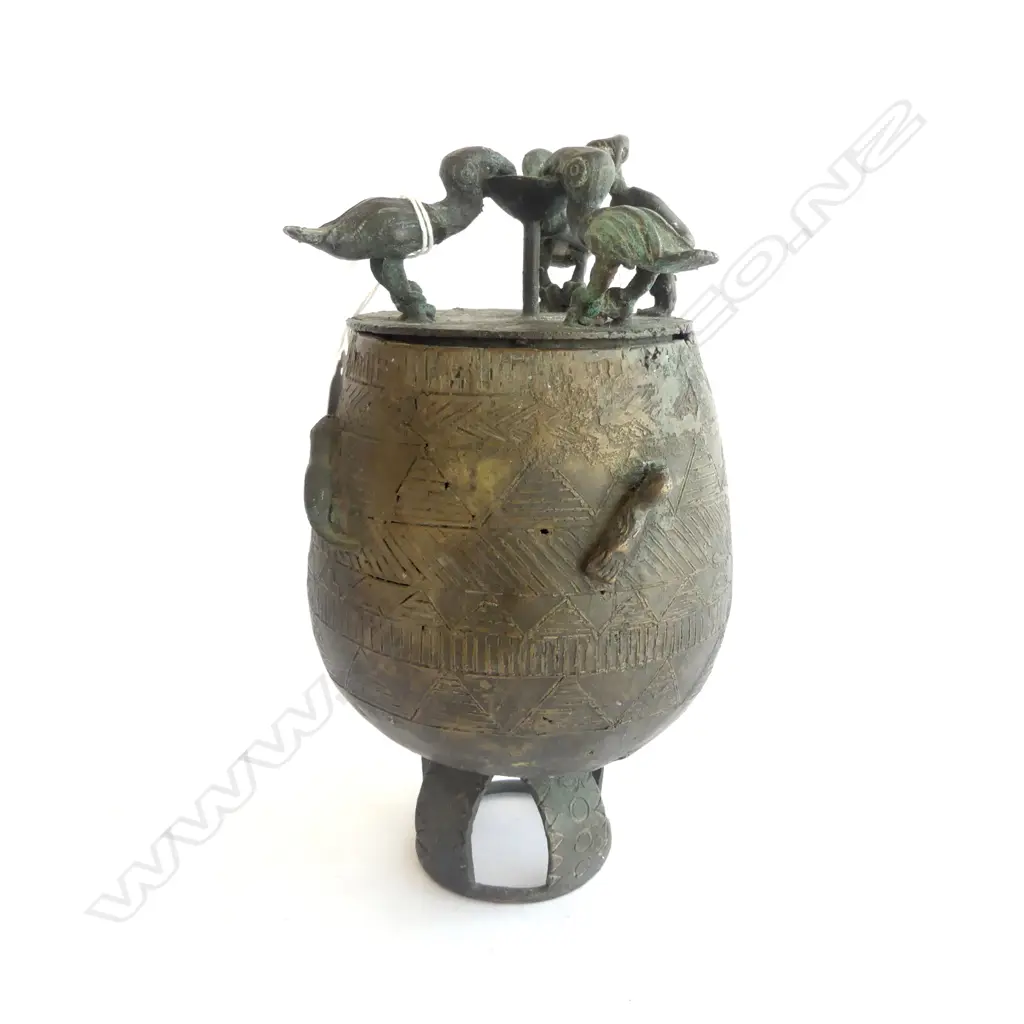 ANTIQUE AFRICAN BRONZE VESSEL H.230mm three birds and man drinking from chalice in high relief Image 1++