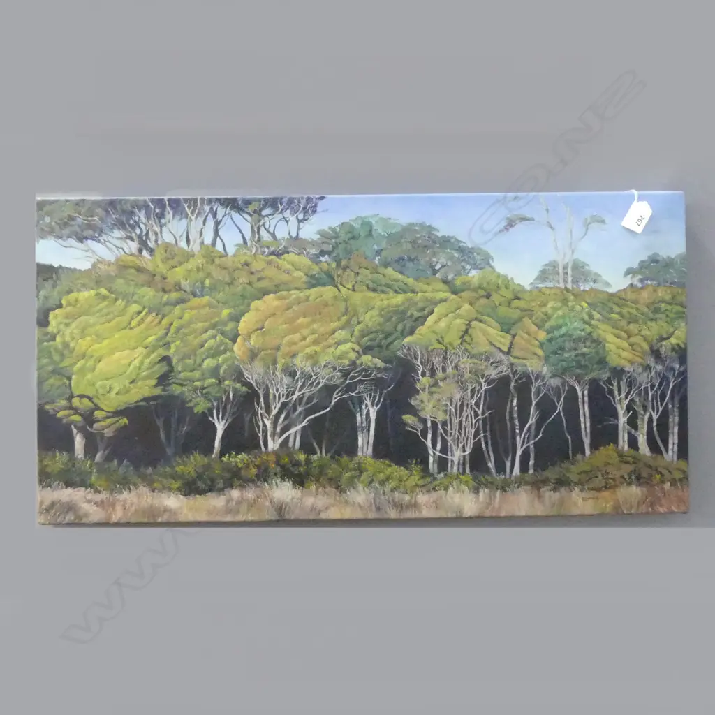 PAT LINDBOM, COASTAL TREES AT HAAST SOUTH WESTLAND, OIL ON CANVAS, 380x770mm Image 1++