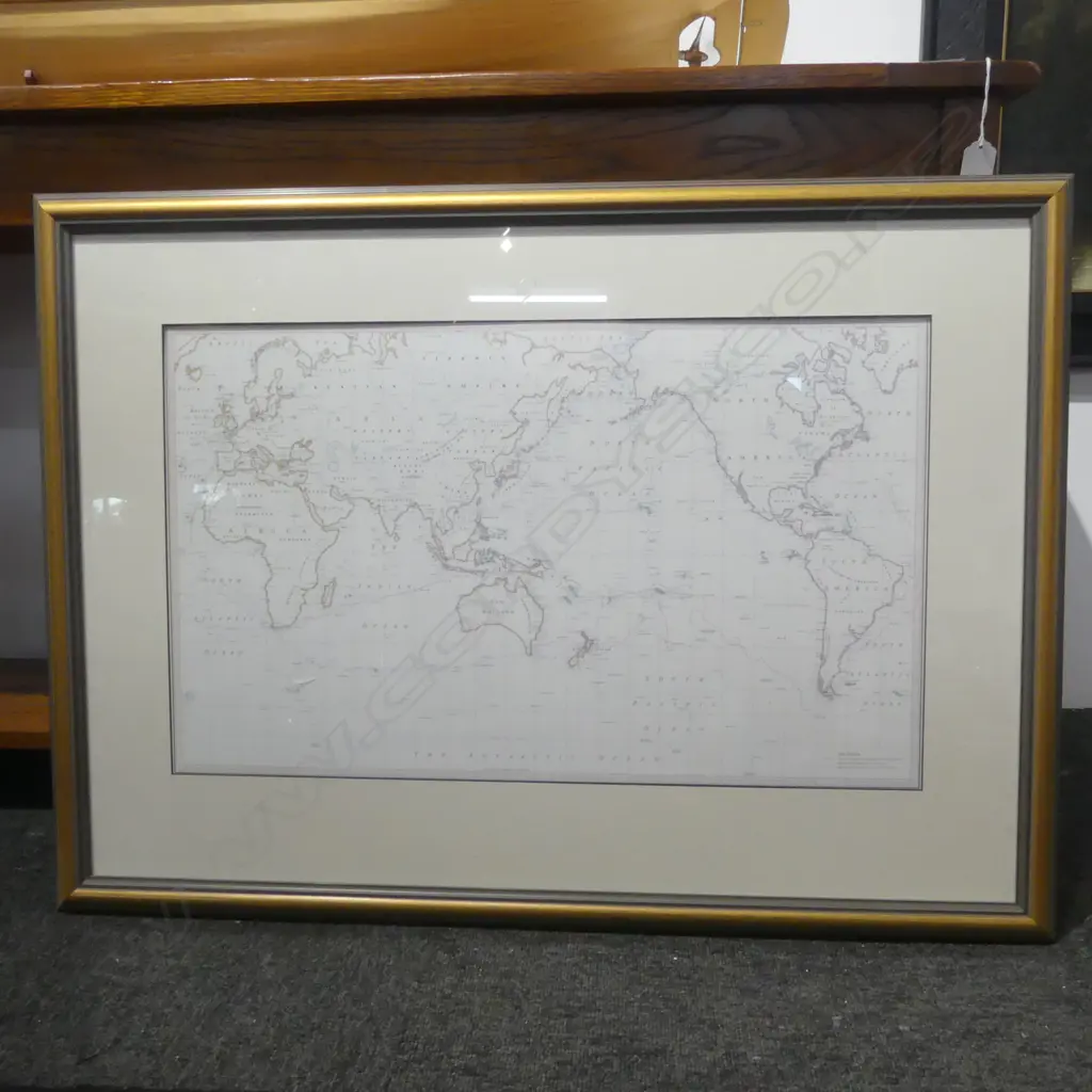 FRAMED MAP OF THE WORLD FOLLOWING THE EXPLORATION OF CAPT. JAMES COOK 360x600mm Image 1++