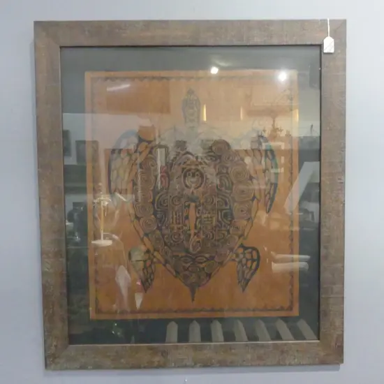 FRAMED TAPA CLOTH OF A SEA TURTLE 620x520mm