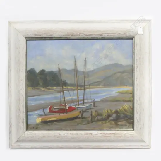 OLIVE ELSOM, COASTAL SCENE, OIL ON CANVAS, 460x530mm