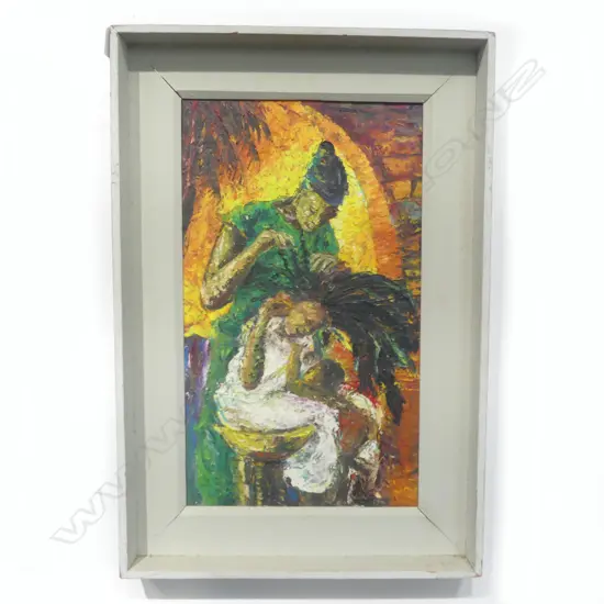 A BARTIMEUS (GHANA)' 'HAIRDESSING', OIL on BOARD, SIGNED & DATED 1964 VERSO, 500 x 280mm