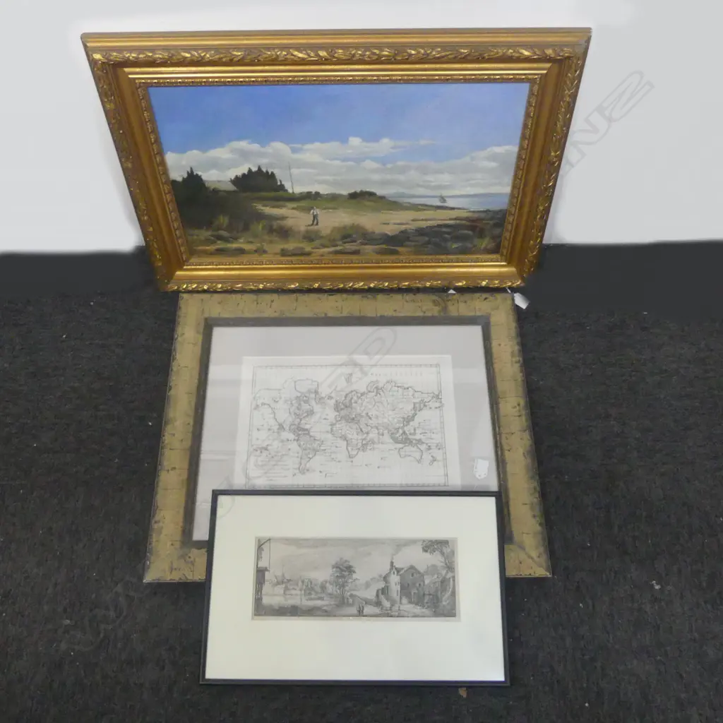 UNKNOWN ARTIST OIL ON CANVAS COASTAL SCENE 350x580mm + WORLD ATLAS (1787) BOOK PLATE + OTHER Image 1++