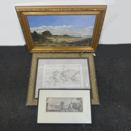 UNKNOWN ARTIST OIL ON CANVAS COASTAL SCENE 350x580mm + WORLD ATLAS (1787) BOOK PLATE + OTHER