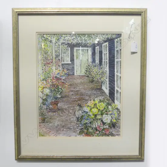 Alison Kissling watercolour Floral Garden w Siamese signed & dated 1996 350 x 280mm