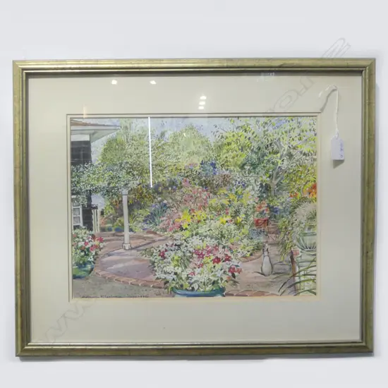 Alison Kissling watercolour Floral Garden w Siamese signed & dated 1996 270 x 360mm