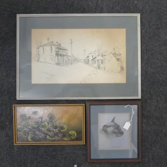 3 ARTWORKS: OIL of African Violet + pastel of a cat by Franklyn + Australian houses