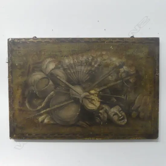 C.19thC STIL LIFE THEATRICAL SCENE, OIL ON CANVAS ON BOARD 400x600mm