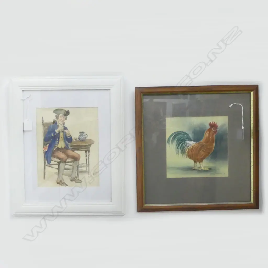 W/C ENGLISH GENT SIGNED JOHN FOSTER H240 W190MM & W/C ROOSTER SIGNED M HAYW2OOD H190 W140MM Image 1++