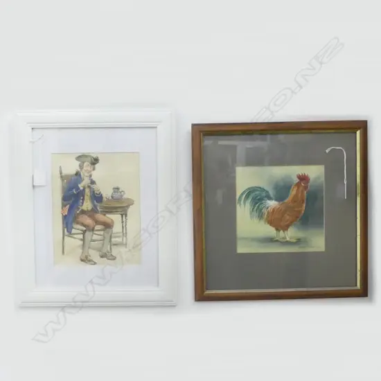 W/C ENGLISH GENT SIGNED JOHN FOSTER H240 W190MM & W/C ROOSTER SIGNED M HAYW2OOD H190 W140MM