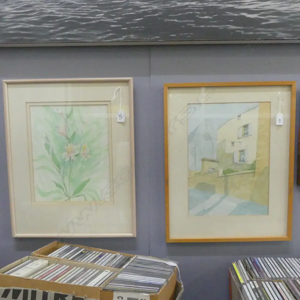 David Russell New Zealand (1940-) 2 x watercolours Tiger Lily & Woman at Window 'Carrieres-Sur-Seine' Signed 350 x 250mm Image 1++