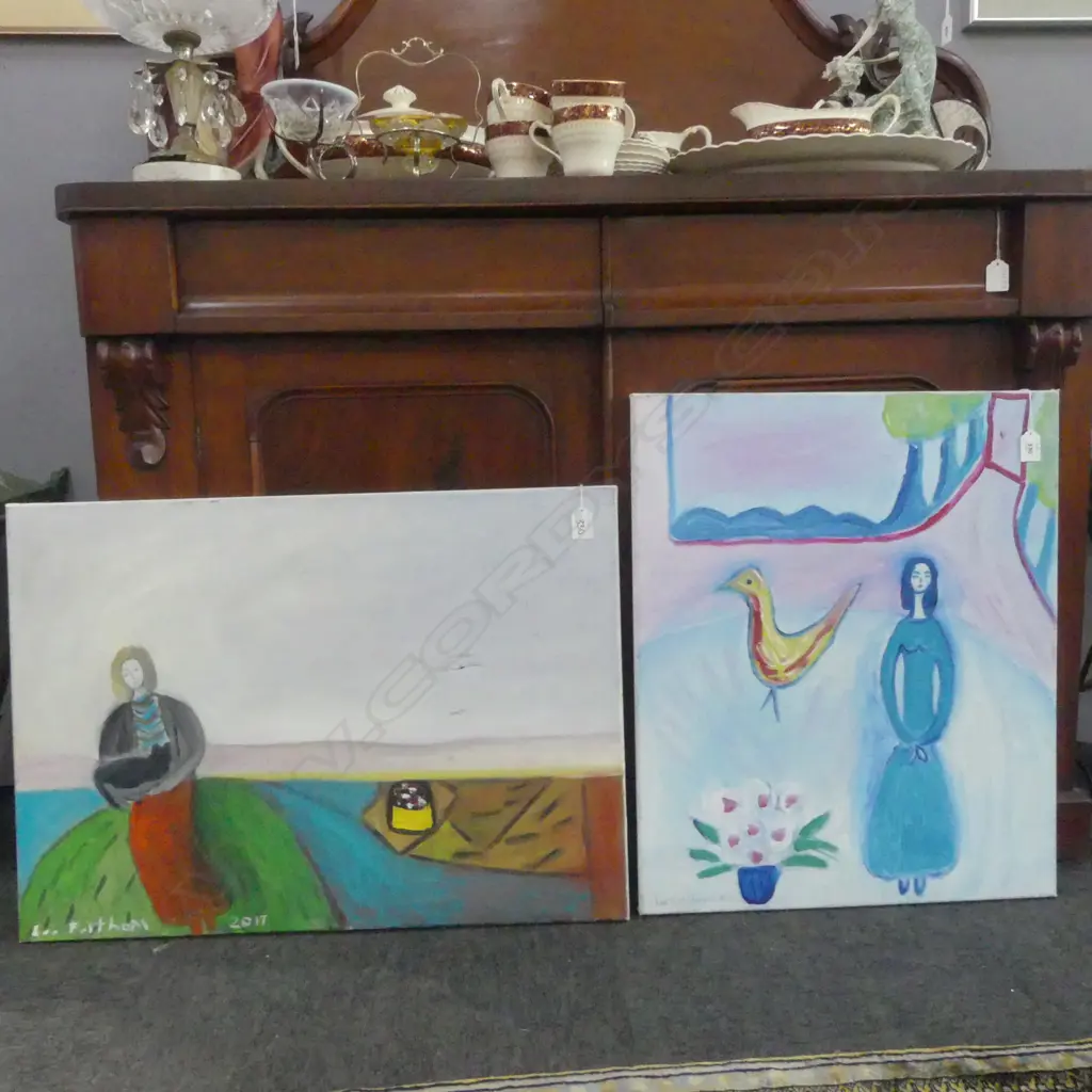 LEE FELTHAM,"SOLITUDE" & LADY WITH A BIRD,  2 x ACRYLIC ON CANVAS, ONE DAMAGED, SIGNED, LG500 x 700mm , provenance below Image 1++