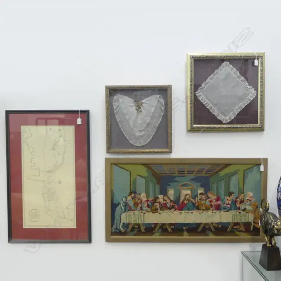 LAST SUPPER TAPESTRY 430x890mm + 2 FRAMED LACE WORKS + FRAMED MAP 