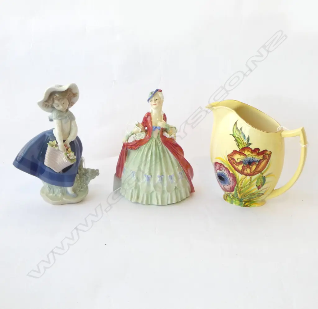 LLADRO 'PRETTY PICKINGS', H.170mm, ROYAL DOULTON 'SIBELL', H.160mm (fine hairline to base) & CARLTONWARE JUG, H.150mm Image 1++