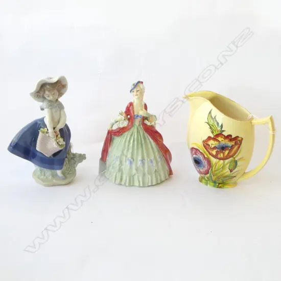 LLADRO 'PRETTY PICKINGS', H.170mm, ROYAL DOULTON 'SIBELL', H.160mm (fine hairline to base) & CARLTONWARE JUG, H.150mm