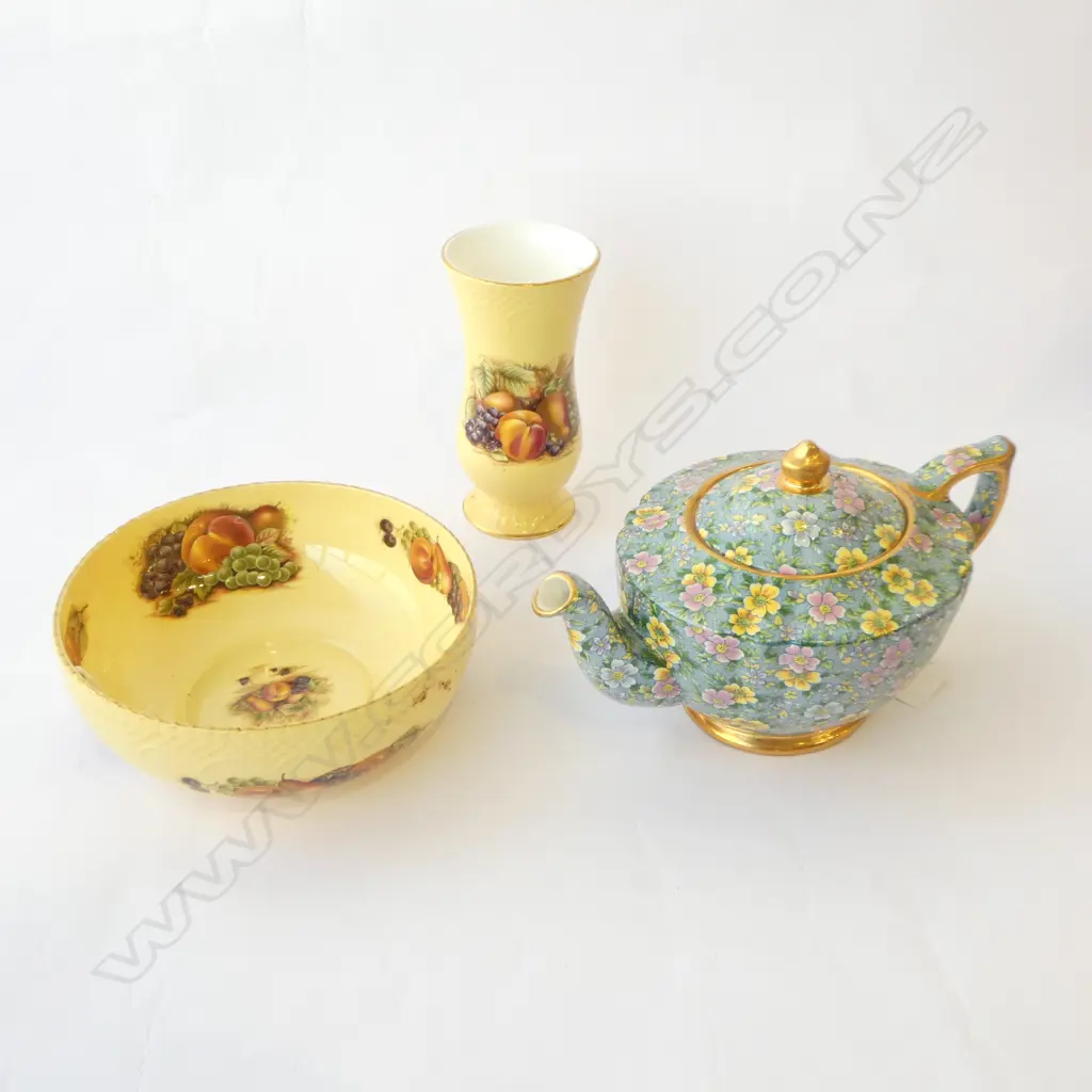 AYNSLEY ORCHARD GOLD BOWL Dia.180mm, POSY VASE & SADLER 'CHINZ' TEAPOT Image 1++