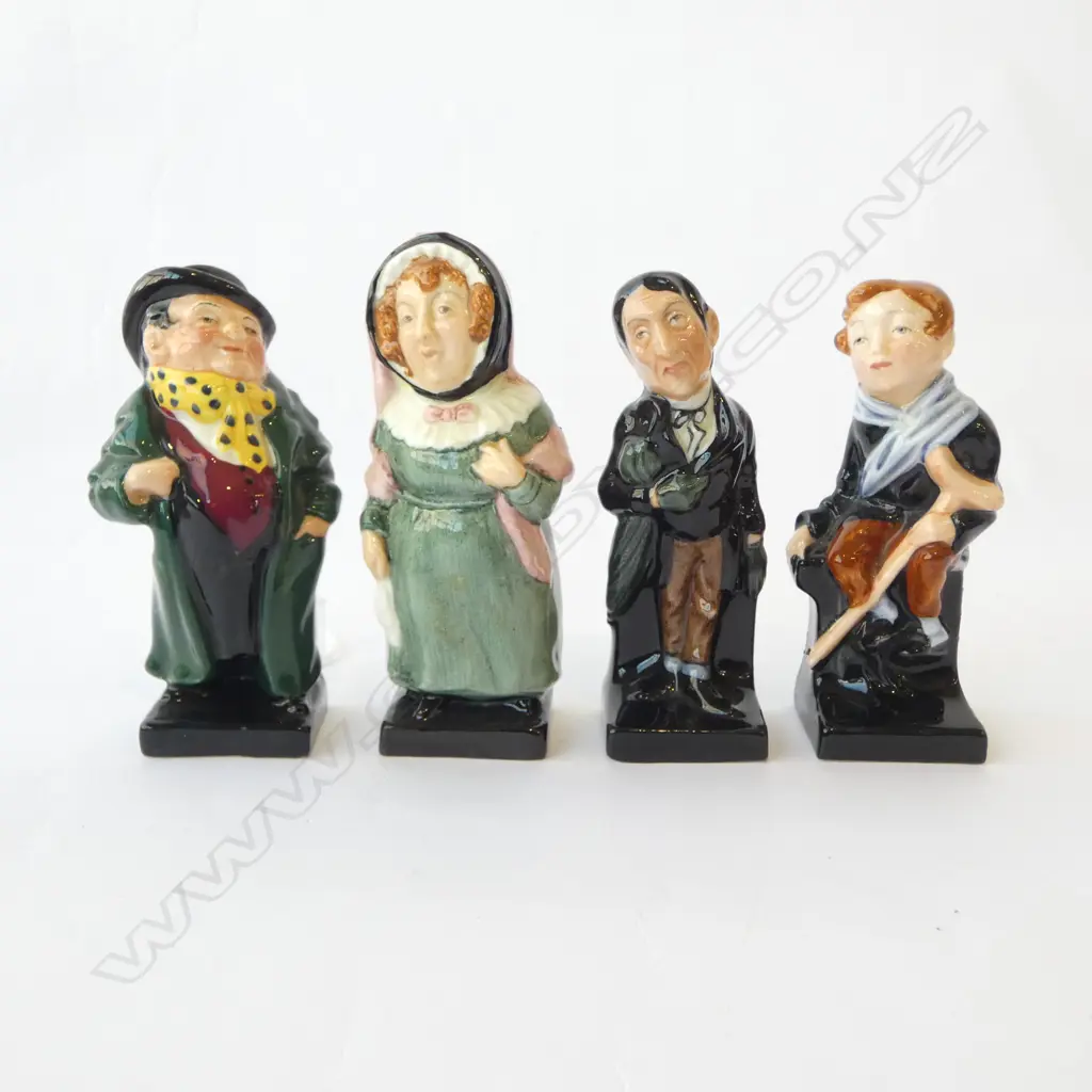 4 ROYAL DOULTON DICKENS CHARACTER FIGURINES, Tiny Tim, Tony Weller, Mrs Bardell & Stiggins, H.100-110mm Image 1++
