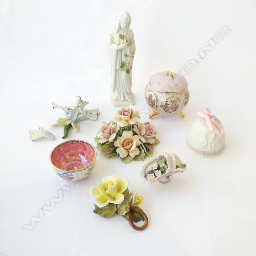 ASST. INCLD; LLADRO BELL, POSY, LIMOGES SML BOWL & 3 PC CAPODIMONTE PORCELAIN FLOWERS (Iris faulted) Image 1++