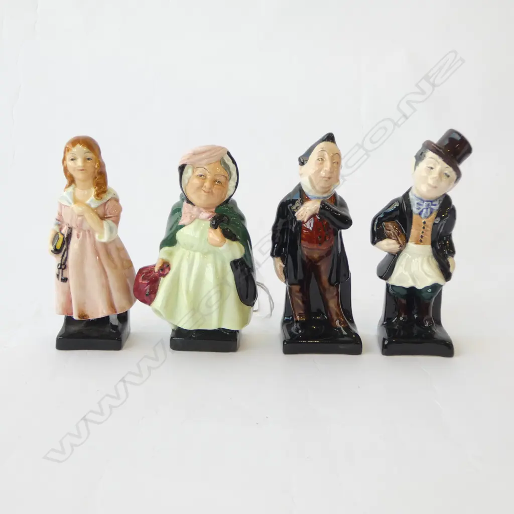 4 ROYAL DOULTON DICKENS CHARACTER FIGURINES, Pecksniff, Trotty Veck, Little Nell & Sairey Gamp, H.100-110mm Image 1++